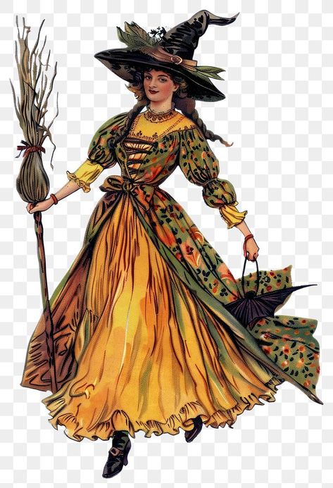 Vintage Pumpkin Costume, Witch Illustration Vintage, 1940s Witch, Decorated Witch Hat, Vintage Witch Costume, Paper Palace, Aesthetic Pngs, Retro Witch, Horror Crafts