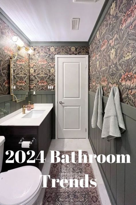 A Guide to 2024 Bathroom Trends #HomeStyle #DecorInspiration #HomeIdeas #InteriorDesign #HomeInspiration #HouseGoals #HomeDecor #InteriorInspo #HomeDecorating #DecorTips Bold Wallpaper Bathrooms, Master Bath Ideas Wallpaper, Colorful Master Bath Ideas, Half Bath Half Wallpaper, Half Bathroom Ideas Small Wallpaper, Best Bathroom 2023, Moody Bathroom Decor Ideas, Hall Bathroom Wallpaper Ideas, Best Wallpaper For Bathrooms