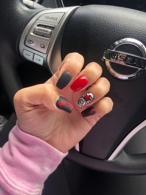 My nail gal got down on these Winter Soldier nails for my Disneyland trip #WinterSoldier #BuckyBarnes #Marvel #MCU #nailart #nailideas #SebastianStan #nails #manicure Bucky Nails Designs, Bucky Barnes Nails, Marvel Acrylic Nails, Winter Soldier Nail Art, Marvel Gel Nails, Marvel Themed Nails, Marvel Nails Designs Easy, Avengers Acrylic Nails, Winter Soldier Nails