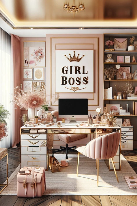 Feminine Home Office Classy Bohemian, Working Area Design, Work From Home Office Ideas Small Spaces, Pink Home Office Ideas, Glam Office Ideas, Boss Home Office, Girlboss Office, Offices Ideas, Glam Office Decor