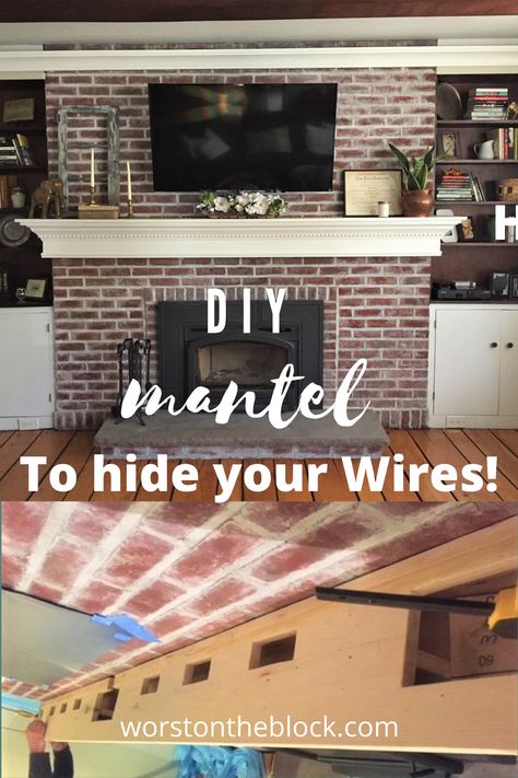 Mounted Tv Mantle Decor, Brick Fireplace Decor With Tv, Hiding Tv Wires Above Fireplace, Tv Mounted On Brick Fireplace, Tv Over Real Fireplace Ideas, Hiding Cords On Mantle, How To Hang Tv Over Fireplace, Hanging A Tv Over A Fireplace, Tv Over Fireplace Ideas Mounted