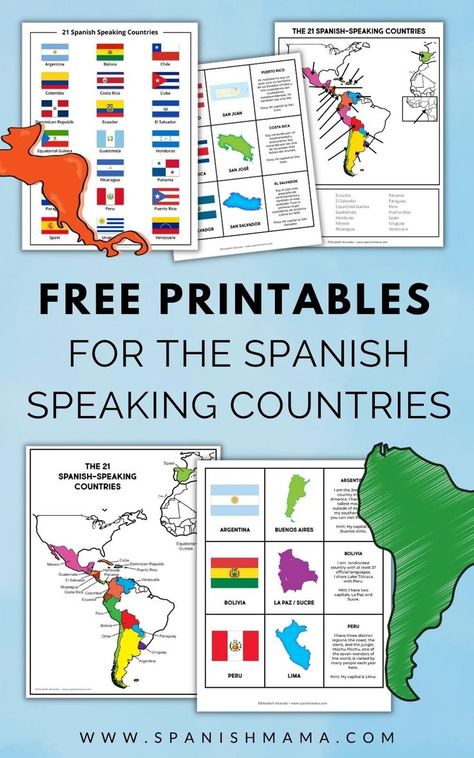 Free printable posters, worksheets, and game cards for learning the 21 Spanish speaking countries. Practice the names, capitals, maps, flags, trivia, and more! Spanish Speaking Countries Activities, Spanish Speaking Countries Map, Countries And Capitals, Hispanic Countries, Spanish Classroom Decor, Spanish Learning Activities, Map Of Spain, Spanish Lessons For Kids, Map Worksheets