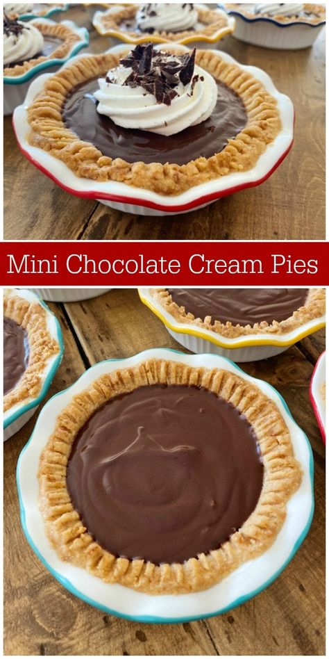 Mini Chocolate Cream Pies, Mini Chocolate Pies, Chocolate Cream Pies, Mini Chocolate Pie, Chocolate Cream Pie Recipe, Mini Pie Recipes, Individual Pies, Cream Pies, Chocolate Cream Pie