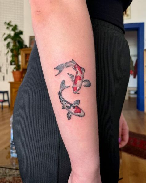 Koi Fish Tattoo Forearm, Koi Fish Tattoo Meaning, Small Fish Tattoos, Koi Fish Tattoos, Black Koi Fish, Side Wrist Tattoos, Koi Tattoo Design, Omerta Tattoo, Foot Tattoos For Women