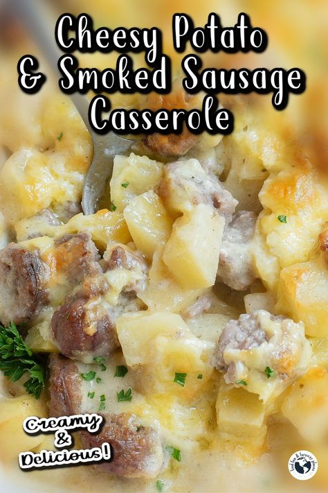 If serious comfort food is on your mind, this Cheesy Potato & Smoked Sausage Casserole is a deliciously satisfying and indulgent one-dish meal. With sausage, potatoes, and cheese, baked until bubbly, it's so good after a long day. And so easy, too! Meal With Sausage, Potato Smoked Sausage Casserole, Smoked Sausage Casserole, Sausage Casserole Recipes, Frozen Potatoes, Cheesy Potato, Sausage Casserole, Potatoe Casserole Recipes, Recipes Casserole