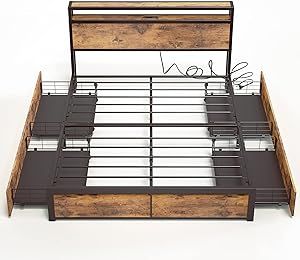 Industrial Bed Frame, Steel Bed Design, Industrial Bed, Full Bed With Storage, Storage Headboard, Full Size Bed Frame, Full Bed Frame, King Size Bed Frame, Rustic Bedding