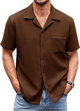 Image: A stylish men's waffle shirt in a relaxed fit. The shirt is made of lightweight fabric with a unique waffle pattern. It features a cuba collar and a chest pocket, adding a touch of sophistication. The shirt is shown in a vibrant summer color, perfect for casual and business settings. Stay cool and fashionable this summer with our versatile men's waffle shirt. Mens Summer Style Casual, Waffle Knit Shirt, Photography Shirts, Spring Outfits Men, Waffle Shirt, Waffle Fabric, Concept Clothing, Half Sleeve Shirts, Button Down Short Sleeve