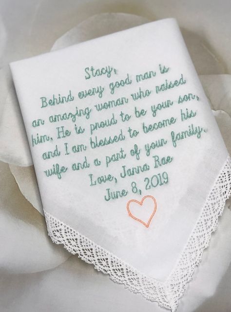 Grooms Mother, Handkerchief Embroidered, Wedding Verses, Bridal Handkerchief, Embroidered Handkerchief Wedding, Handkerchief Wedding, Wedding Gifts For Parents, Mom Wedding Gift, Mother Of The Groom Gifts