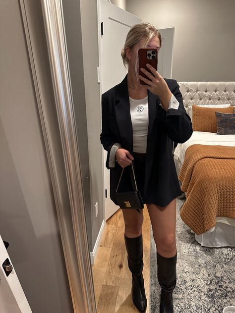 Mid calf boot. Fall outfit. Parke tank. Oversized blazer. Fall night outfit. Fall Night Outfit, Fall Night, Autumn Night, Oversized Blazer, Outfit Inspo Fall, Calf Boots, Mid Calf Boots, Night Outfits, Fall Outfit