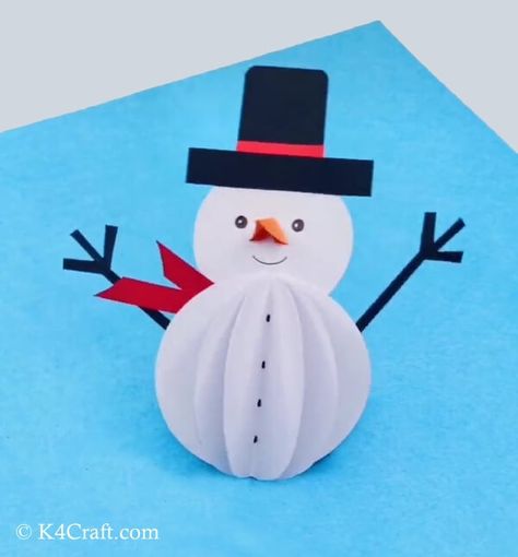 Snowman Paper Craft for Kids – Step by Step Tutorial - K4 Craft 3d Snowman Craft, Paper Snowman Craft For Kids, Paper Snowman, 3d Snowman, Paper Craft For Kids, Snowman Crafts Diy, Snowman Scarf, Christmas Science, Snowman Craft