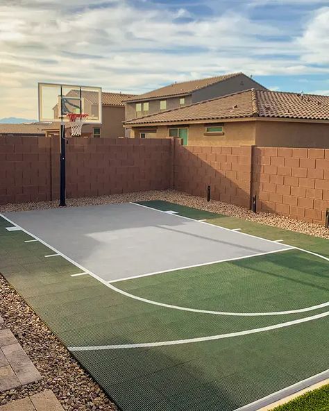 Side Yard Basketball Court, Small Backyard Basketball Courts, Small Sport Court Backyard Ideas, Basketball Court Backyard Landscaping, Big Yard Design, Basketball Court In Backyard, Half Court Basketball Backyard, Small Backyard Basketball Court Ideas, Diy Basketball Court Backyard Cheap