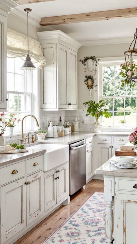 Shabby Chic Decor Kitchen, Country French Decorating, French Country Kitchen Curtains, French Country House Interior, Small French Country Kitchen, French Countryside Kitchen, French Cottage Interior, White Country Kitchen, French Cottage Kitchen