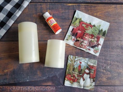 Decoupage On Candles, Napkins On Candles, Christmas Napkin Decoupage, Mod Podge Candles, Diy Christmas Napkins, Decoupage Candles, Diy Frühling, Crafty Morning, Red Truck Decor