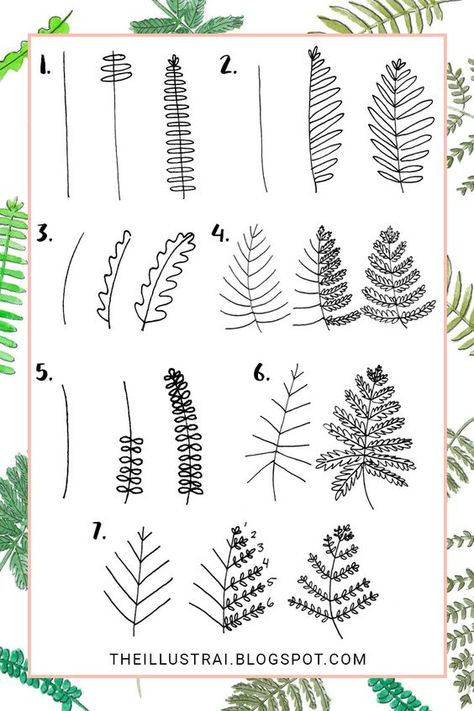 25 Easy Doodle Art Drawing Ideas For Your Bullet Journal | Brighter Craft How To Draw Greenery, Fern Doodle Simple, Fern Design Drawing, Diy Illustration Art, Complicated Doodles, Botanical Sketches Simple, Easy Leaves Drawing, Easy Ways To Draw Flowers, How To Draw Ferns