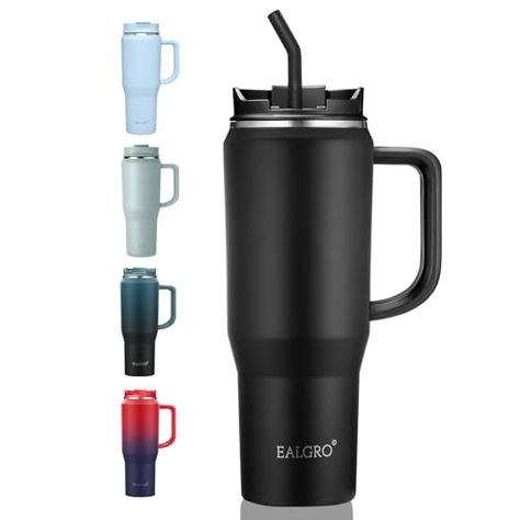 EALGRO 40 oz Tumbler with Handle, Insulated Tumblers with Lid and Straw, Large Metal Sports Water Bottle Jug, Thermal Stainless Steel Travel Coffee Mug Cup, Black 40 Oz Tumbler With Handle, Tumbler Handle, 40 Oz Tumbler, Tumbler With Handle, Metal Straws, Vacuum Flask, Insulated Water Bottle, Cup Holders, Tumblers With Lids