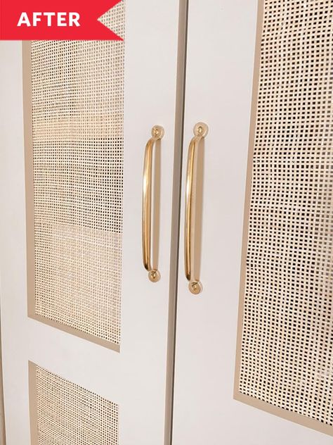 Cane Cabinet Doors Kitchen, Cabinet With Cane Doors, Caned Cabinet Doors, Cane Pantry Door, Wallpaper On Cabinet Doors, Diy Cane Cabinet Door, Cover Glass Cabinet Doors, Cane Cabinet Doors, Laundry Room Apartment