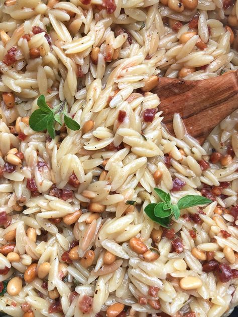 Orzo with Pancetta and Pine Nuts Pine Nuts Pasta, Pine Nut Recipes, Pancetta Pasta, Meal Rotation, Pine Nut, Fine Dining Recipes, Dinner Side Dishes, Chicago Food, Molecular Gastronomy