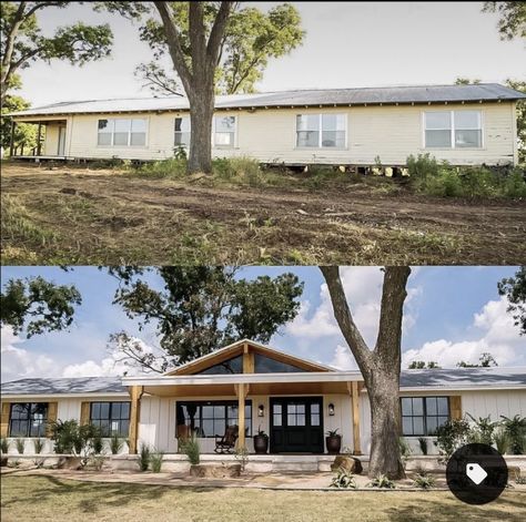 Modular Home Exterior Remodel, House Additions Before And After, Old Farmhouse Remodel Exterior, White Ranch Style House Exterior, Renovation Facade, Farmers Porch, Craftsman Remodel, Farmhouse Makeover, Ranch House Remodel