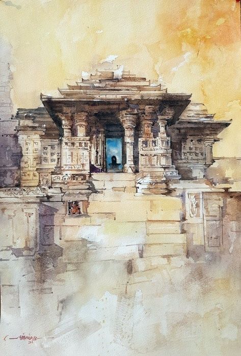 #artwanted Plein Air Watercolor, Watercolor Scenery, Temple Photography, Ancient Indian Architecture, Watercolor Architecture, Watercolor Subjects, Beautiful Art Paintings, Temple Art, Indian Temple