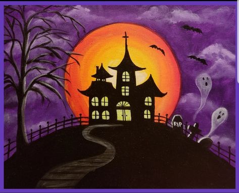 Haunted House Acrylic Painting, Haunted House Painting Easy, Scary Acrylic Paintings, Haunted House Painted Pumpkins, Haunted House Painting Canvas, Simple Halloween Canvas Paintings, Scary Night Painting, Halloween Acrylic Painting Ideas, Haunted House Painting