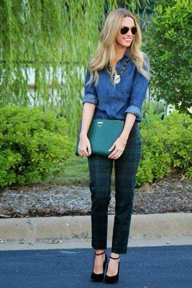 Offset the preppiness of tartan pants by pairing them with a casual, workwear-ready chambray shirt Green Tartan Pants Outfit, Green Plaid Pants Outfit, Green Plaid Pants, Plaid Pants Outfit, November Outfits, Plaid Pant, Checked Pants, Tartan Pants, Lucky Magazine