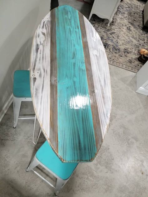 Beachy bar surfboard table and four chairs stools Hawaiian art | Etsy Beach Theme Kitchen Ideas, Surfboard Bar, Beach Theme Kitchen, Surfboard Table, Vibey Room, Surf Room, Porch Bar, Beachy Room, Door Signs Diy