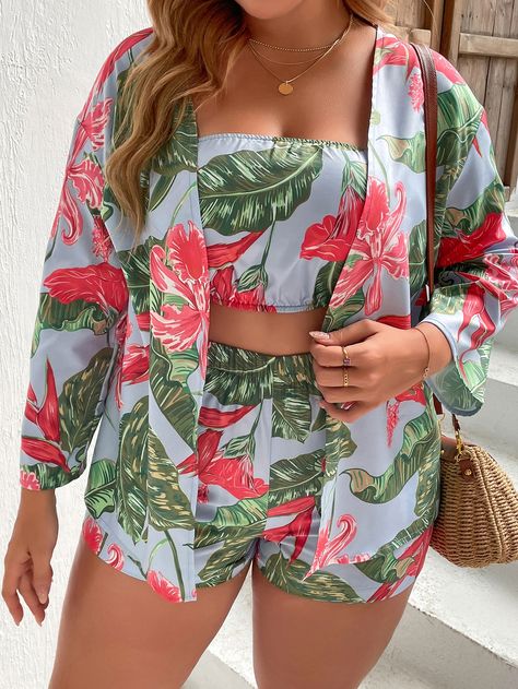 Multicolor Boho  Long Sleeve Polyester Tropical  Embellished Non-Stretch Spring/Summer Plus Size Co-Ords Crop Top Sweater Outfit, Elegant Beach Outfit, Plus Size Beach Outfits, Jumpsuits Plus Size, Luau Outfits, Two Piece Outfits Shorts, Drop Shoulder Coat, Black Romper Shorts, Tropical Print Dress