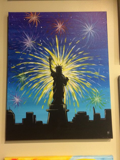 Wine and canvas Usa Painting Ideas, History Fair Projects, Statue Liberty, Firework Painting, American Flag Art, Wine And Canvas, Sidewalk Chalk Art, Patriotic Art, Art Time