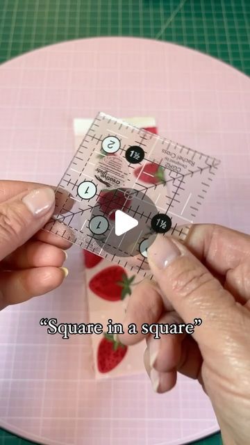 Eilene Johnson on Instagram: "Ever wonder how to sew a square in a square block? I’m showing 2 techniques!
Here are some tips:

- I used a 2 1/2” acrylic square template and fussy cut a strawberry in the middle.
- cut a background square at 5 1/2” (you can do any size center square-just add 3” to the size of the center square to get the measurement for the background square)
- lay the center square onto the background square in the middle, with the background square on the diagonal.
- use a piece of cardstock to use as a guide to fold over sides and press. Use a 1/4” seam to sew around all 4 sides.
- trim finished block using lines on a ruler to keep the square even and trim 1/4” away from the corners.
- for the outside square, cut 2 squares of fabric 1 1/2” larger than your finished block Four Patch In A Square Quilt Block, Sewing Squares Together, Quilt Squares Ideas Simple, How To Square Up Fabric, Square In A Square Quilt Block Tutorials, Fabric Squares Projects, Square In A Square Quilt Block, Quilt Squares Ideas, Square In A Square Quilt