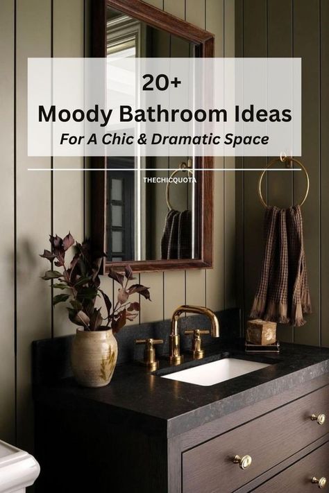 moody bathroom Moody Bathroom White Tile, Light Moody Bathroom, Small Bathroom Moody, Moody Bathroom Paint, Urban Bronze Bathroom, Dark Countertops Bathroom, Moody Bathroom Colors, Urbane Bronze Bathroom, Really Small Bathroom Ideas