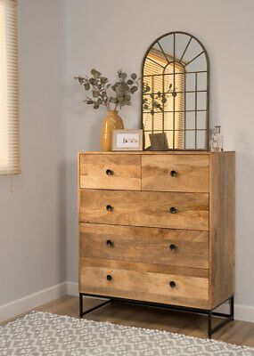 3+2 INDUSTRIAL LIGHT MANGO CHEST OF DRAWERS - CONTEMPORARY BEDROOM FURNITURE  | eBay Wood Furniture Room Ideas, 5 Drawer Chest Of Drawers, Drawer Ideas Bedroom, Bedroom Chest Of Drawers Decor, Chest Drawer Decor Ideas, Bedroom Drawers Ideas, Interesting Mirrors, Drawer Decor Ideas, Chest Of Drawers Decor