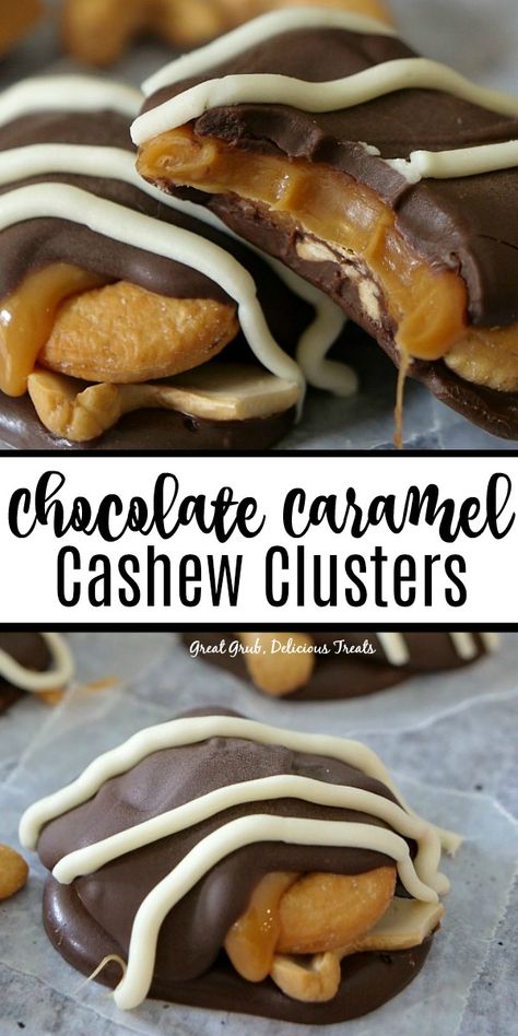 Chocolate Caramel Cashew Clusters are made with cashews, caramels and chocolate with a white chocolate drizzle. Desserts With Cashews, Nut Candy Recipes, Cashew Clusters Recipe, Cashew Candy, Caramel Cashew Clusters, Cashew Clusters, Caramel Cashew, White Chocolate Drizzle, Candy Truffles