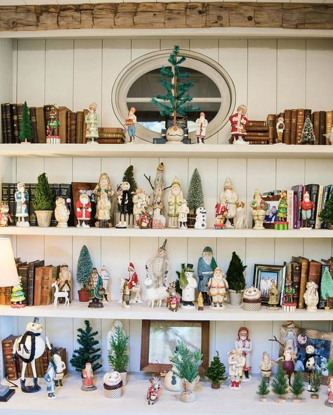 Collecting Santa’s for thirty years provides for quite a display! We removed books and accessories in order to make it the focus of a… | Instagram Santa Display Ideas Holidays, Displaying Christmas Figurines, Santa Display Ideas, Ornament Tree Display Target, Santa Collection Display Ideas, Santa Figurines Display, Santa Figurine Display, Vintage Ceramic Christmas Tree Display, Figurine Display