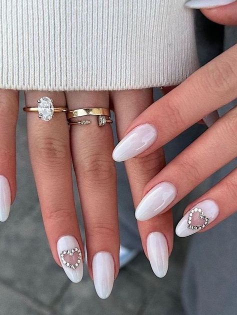 Milky White Nails With Heart, White Nails With Heart, Nail Art For Girls, Milky White Nails, Vday Nails, Milky Nails, Pointed Nails, Already Gone, Pretty Nail Art Designs