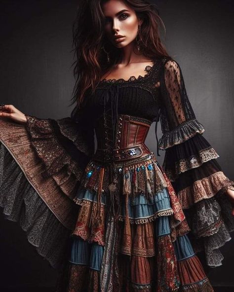 Romani Dresses, Black Bohemian Outfits, Gypsycore Fashion Aesthetic, Hippie Fashion Outfits, Romani Outfit, Gypsycore Outfits, Romani Clothing, Gold Golden Goose, Gypsycore Fashion