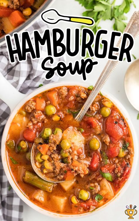 Quick and hearty Hamburger Soup loaded with tender beef and veggies in a savory broth. Perfect for family dinners or busy weeknights! Hamburger And Barley Soup, Hamburger And Veggie Soup, Homemade Hamburger Vegetable Soup, V8 Vegetable Beef Soup, Healthy Hamburger Soup Recipes, Hamburger Soup With V8 Juice, Soup Recipes With Beef Broth, Vegetable Beef Soup Recipes With Hamburger, Italian Hamburger Soup