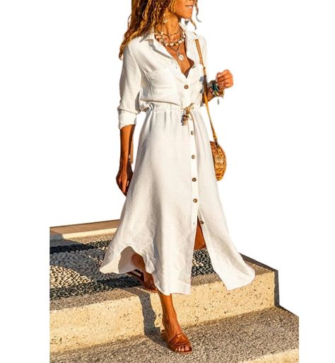 PRICES MAY VARY. Relaxed Fit: XS=US (0-2), S=US (4-6), M=US (8-10), L=US (12-14), XL=US (16-18)，XXL(20-22) Breathable Material: This long shirt dress is made from high-quality spandex, has exceptional elasticity and breathabl. It is lightweight, soft, and comfortable, making it perfect for the summer heat. Trendy Details: Features a button front closure, v-neck, middle sleeves, Irregular hem, adjustable tie for custom fit, and perfect calf-length. Casual Style: This dress exudes a boho vibe, mak Outfits For Short Pear Shaped Women, Chic Grandma Style, Fall Dresses 2024, Resort Style Outfits, Natural Romantic Clothing Style, Over 60 Fashion Summer, Resort Wear For Women Classy, Romantic Wardrobe, Chic Grandma