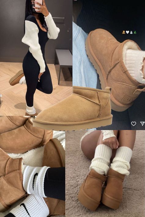 Cute Ugh Outfits, Slouch Socks With Uggs, Uggs With Nike Socks, Cute Socks With Uggs, Cozy Socks Outfit, Ugg Socks With Boots, Socks To Wear With Uggs, Shoes Winter 2024 2025, Ugg Chukka Boots Outfit