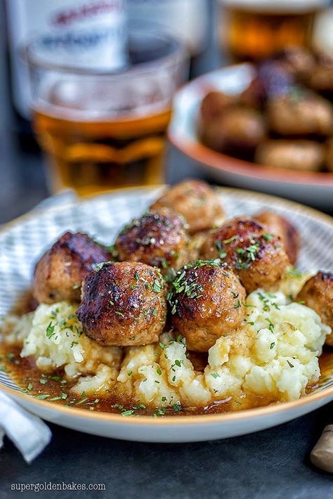 Herby pork meatballs in ale gravy | supergolden bakes Pork Mince Recipes, Pork Gravy, Meatball Dinner, Pork Meatballs, Tandoori Masala, Mince Recipes, Minced Meat, Pork Dishes, Meatball Recipes