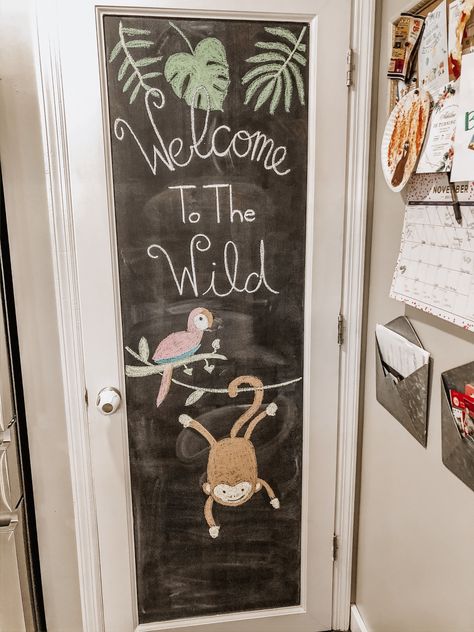 Jungle theme birthday chalk o Jungle Chalkboard Art, Birthday Chalkboard Art, Kids Jungle Room, Baby Shower Chalkboard, Chalkboard Door, Infant Room, Wild Birthday Party, Blackboard Wall, Jungle Theme Birthday