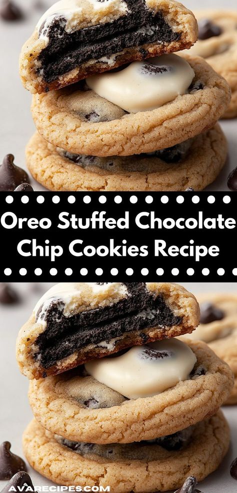 Searching for a unique dessert idea? These Oreo Stuffed Chocolate Chip Cookies are the ultimate indulgence, blending classic flavors in a deliciously gooey treat that brings joy to any occasion. Stuffed Chocolate Chip Cookies, Oreo Stuffed Chocolate Chip Cookies, Cookies Stuffed, Chocolate Chip Cookies Recipe, Unique Desserts, Oreo Dessert, Chewy Chocolate Chip Cookies, Dessert Lover, Oreo Cookies