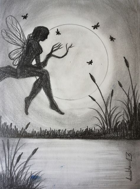 Pencil sketch Fantasy Drawings Pencil, Moonlight Drawing, Fantasy Drawings, Sketches Simple, Art Pencil, Drawing Pencil, Mystical Art, Art Drawings Sketches Simple, Pencil Sketch