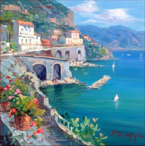 Watercolor Cottages, Greece Landscape, Italy Coast, Greece Painting, Italy Landscape, Italy Painting, Italian Landscape, Scenery Paintings, Italy Art