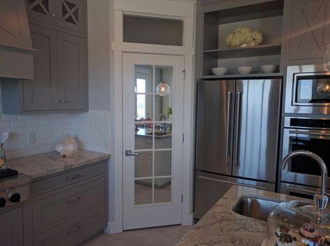 Corner pantry Corner Pantry Next To Fridge, Angled Pantry, Kitchen With Corner Pantry, Kitchen Island With Sink And Dishwasher, Corner Pantry Organization, Corner Pantry Ideas, Corner Kitchen Pantry, G Shaped Kitchen, Kitchen Corner Storage