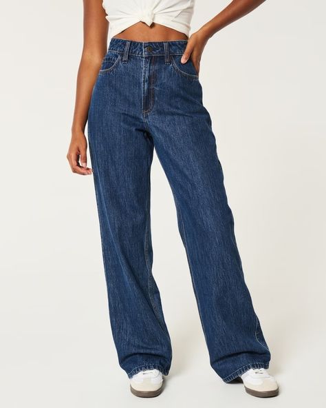 Women's Ultra High-Rise Dark Wash Baggy Jean | Women's New Arrivals | HollisterCo.com Baggy Jean, Dad Jeans, Top Graphic Tees, Designer Jeans, Short Jacket, Baggy Jeans, Aesthetic Outfits, Straight Jeans, Flare Jeans