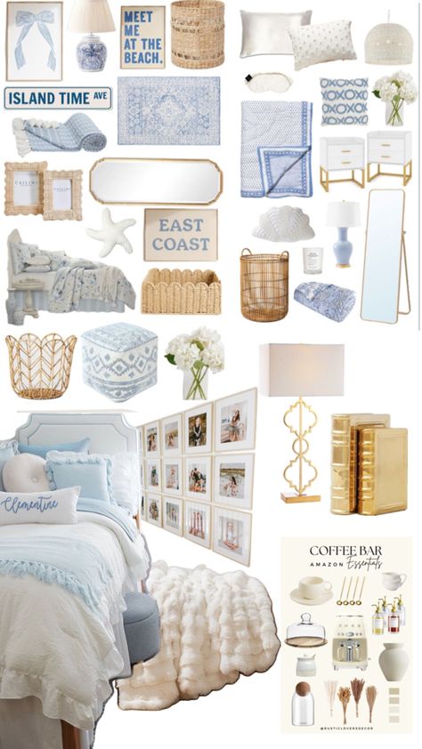 Dorm Room Ideas Coastal Granddaughter, Blue And Gold Room Aesthetic, Blue Rooms Ideas, Blue And White Dorm Room Aesthetic, Blue White And Gold Dorm Room, Dorm Room Light Blue, Blue White And Gold Bedroom, College Dorm Blue And White, College Apartment Bedroom Blue