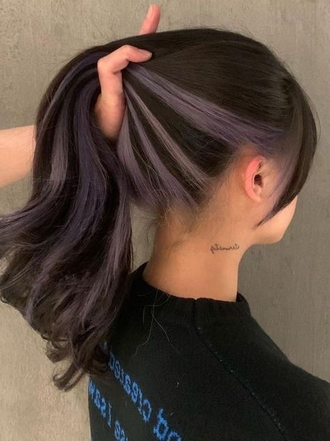 Colored Hair For Dark Hair, Brown Hair With Colored Streaks, Purple Hair Streaks, Purple Streaks, Color Streaks, Peekaboo Hair, Hair Color Streaks, Ginger Hair Color, Hair Streaks