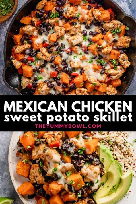 Sheet Pan Moroccan Chicken With Sweet Potatoes & Cauliflower, Supper With Sweet Potato, Roasted Sweet Potato Dinner, Chicken Chili With Sweet Potatoes, Sweet Potato Chicken Skillet Recipes, Chicken Bowl With Sweet Potato, Sweet Potato Food Prep, Chicken Bowls Sweet Potato, Tex Mex Sweet Potato Hash