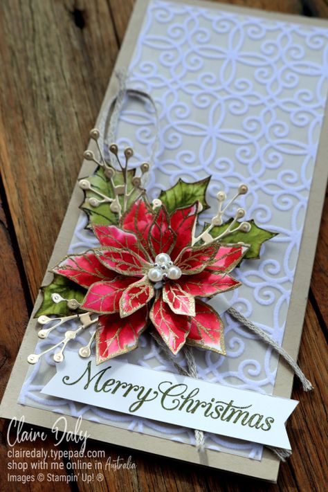 Stampin Up Plush Poinsettia Specialty Paper, Plush Poinsettia Stampin Up Cards, Stampin Up Slimline Christmas Cards, Pointsetta Christmas Cards, Stampin Up Poinsettia Petals, Stampin Up Christmas Cards 2021-2022, Slimline Christmas Card Ideas, Stampin Up Poinsettia Cards, Stampin Up Poinsettia Petals Cards