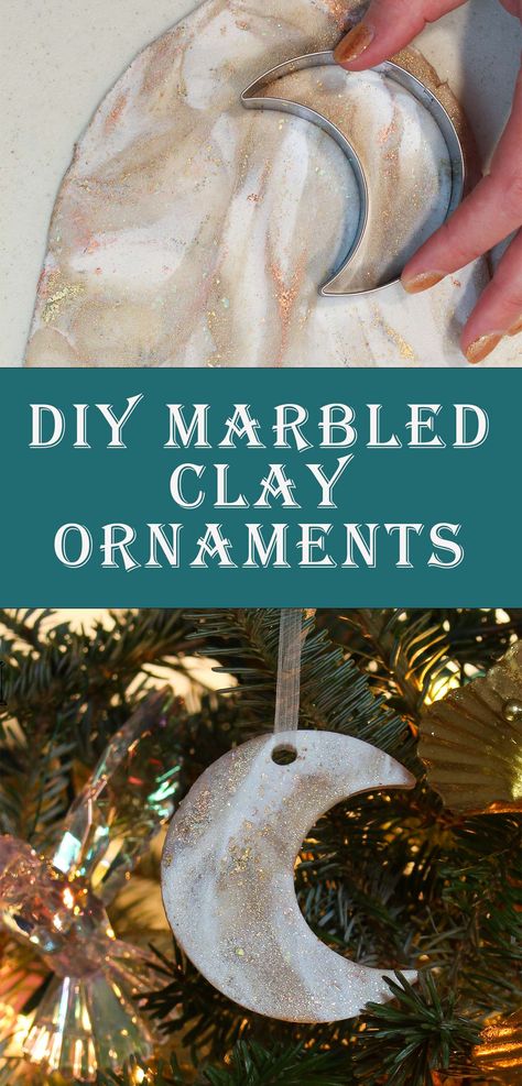 How to Make DIY Marbled Clay Ornaments | DIY Polymer Clay Ornaments in Moon and Star Shapes Clay Ornaments Diy, Polymer Clay Projects Diy, Marble Ornaments, Aqua Christmas, Candy Decorations Diy, Diy Moon, Diy Polymer Clay, Diy Star, Marbled Clay